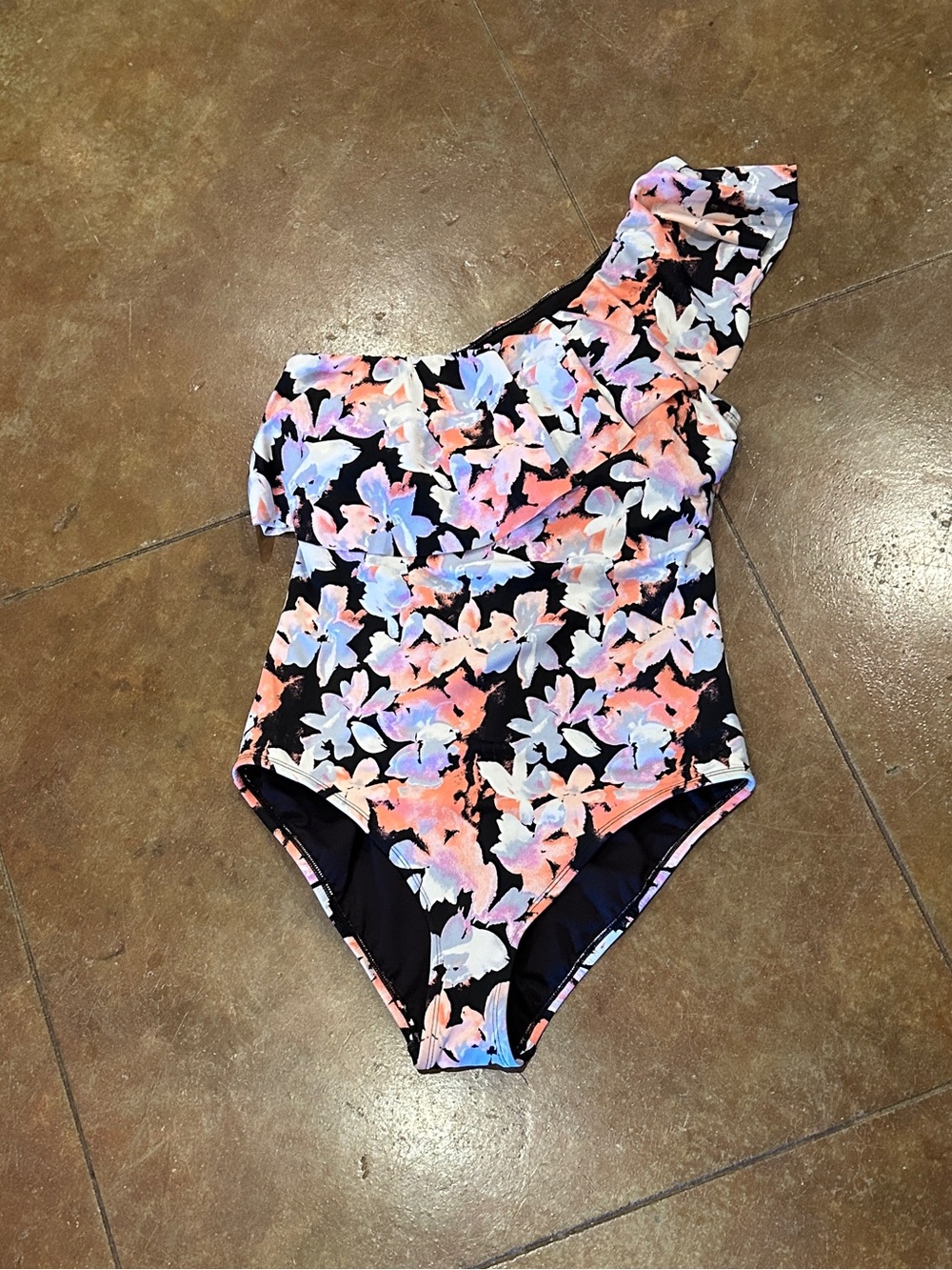 One-Shoulder Floral Swim Suit - Black with Pastel Flowers